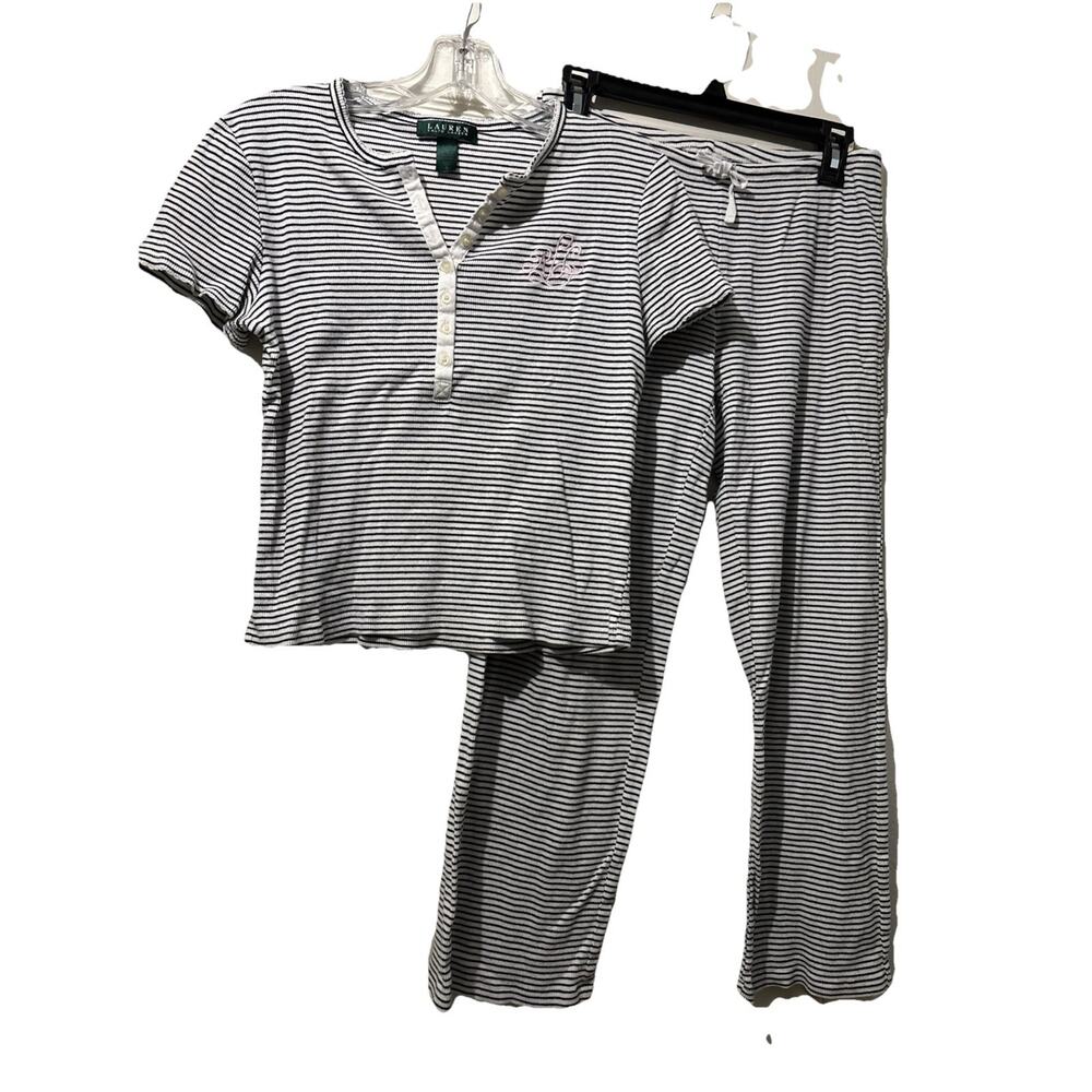 Lauren Ralph Lauren Pajama Set Black White Cafe de Paris II Top Size S Pants XS